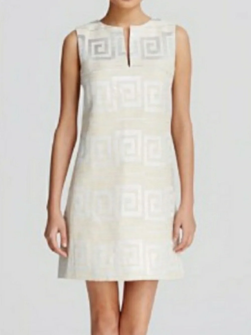 Tory Burch Jacquard Shift Dress Silver Metallic Greek Key Geometric Design SZ 8